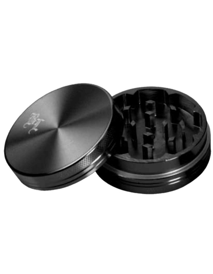 Black Leaf Aluminium Grinder in Schwarz – 2-teilig, geöffnet mit sichtbaren Mahlzähnen