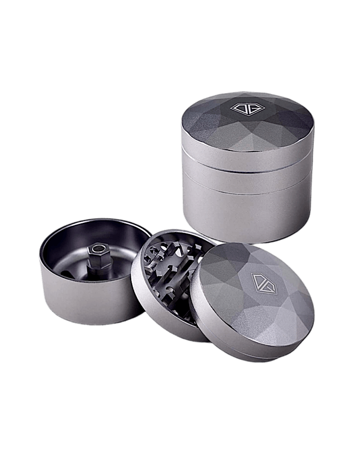 Black Leaf Diamant Grinder Grau – 4-teilig aus Metall mit Diamantschliff-Zähnen und Pollenkammer