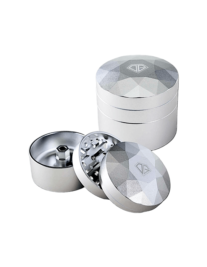 Black Leaf Diamant Grinder – 4-teilig aus silberfarbenem Metall mit Pollenkammer und Diamantschliff-Zähnen