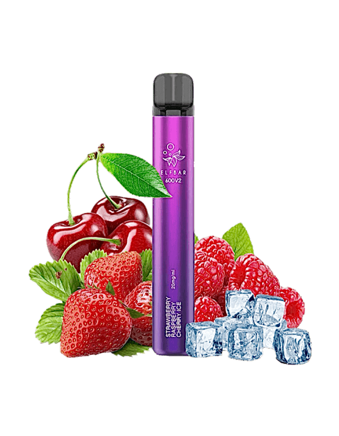 Elfbar 600 V2 Strawberry Raspberry Cherry Ice – Einweg E-Zigarette vor Erdbeeren, Himbeeren, Kirschen und Eiswürfeln