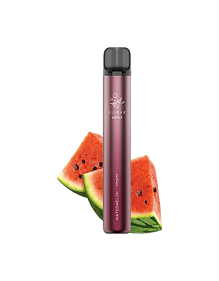 Elfbar 600 V2 Watermelon – Einweg E-Zigarette vor frischen Wassermelonenstücken als Geschmacksdarstellung