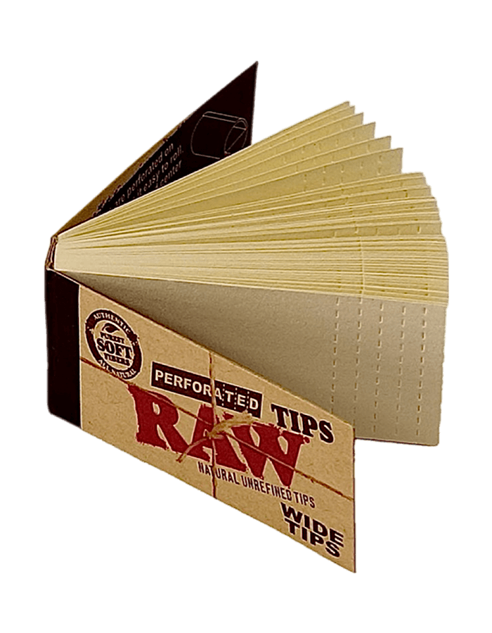 Geöffnete RAW Perforated Filtertips – naturfarbene ungebleichte Filter mit Mikroperforation