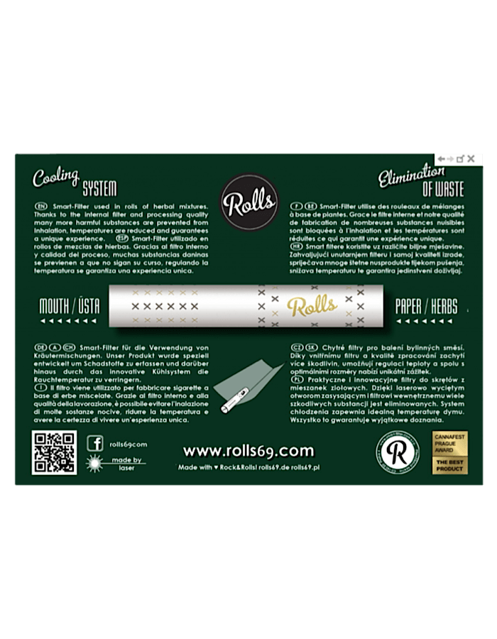 Rückseite der Rolls Smart Filter Verpackung – grüne Version mit Beschreibung, Anwendungshinweisen und Produktinfos