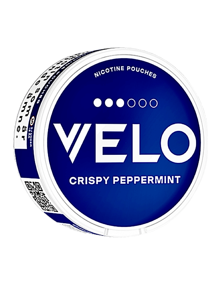 Seitenansicht der VELO Crispy Peppermint Snusdose – Nikotinbeutel mit frischem Pfefferminzaroma