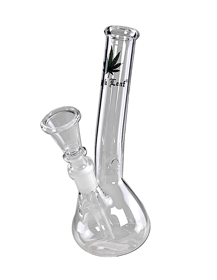 Black Leaf Glasbong mit grünem Cannabis-Logo und seitlichem Kickloch – klassische Wasserpfeife aus Glas