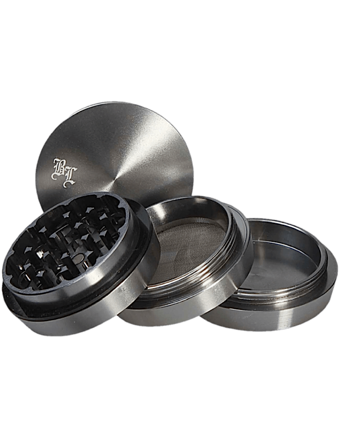 Black Leaf Stufengrinder Grau – 4-teiliges Mahlwerk aus Aluminium, vollständig auseinandergebaut dargestellt