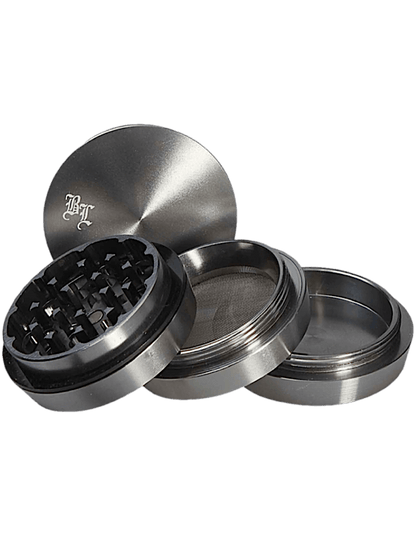 Black Leaf Stufengrinder Grau – 4-teiliges Mahlwerk aus Aluminium, vollständig auseinandergebaut dargestellt