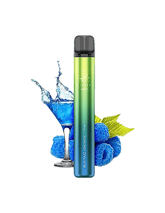 Elfbar 600 V2 Blue Razz Lemonade – E-Zigarette mit Himbeer- und Zitronen-Aroma, dargestellt mit frischen Früchten