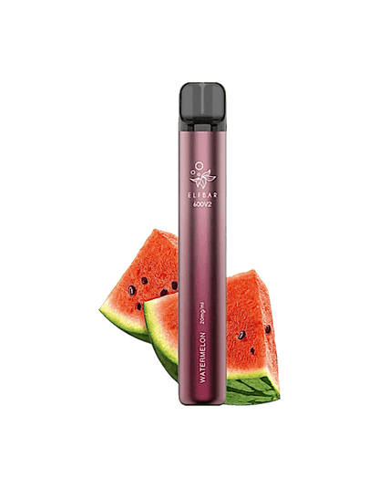 Elfbar 600 V2 Watermelon – Einweg E-Zigarette vor frischen Wassermelonenstücken als Geschmacksdarstellung