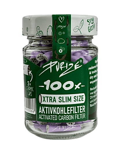 Purize Aktivkohlefilter Lila XTRA Slim – 100 Stück in nachhaltigem Glasbehälter, beidseitige Keramikkappen