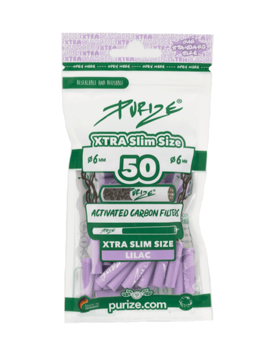Purize Aktivkohlefilter XTRA Slim – 50 Stück in Lila, schadstoffreduzierende Drehfilter mit beidseitigen Keramikkappen
