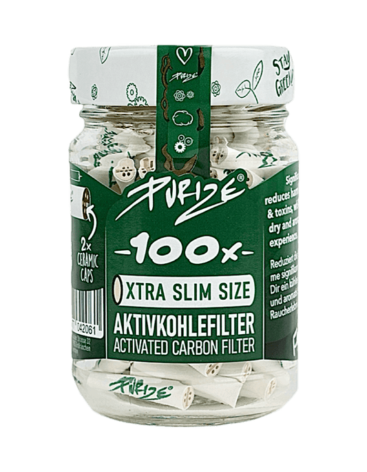 Purize XTRA Slim Aktivkohlefilter Weiss – 100 Stück im Glas, umweltfreundlich, geruchs- und schadstoffreduzierend