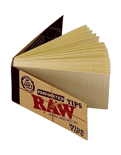Geöffnete RAW Perforated Filtertips – naturfarbene ungebleichte Filter mit Mikroperforation