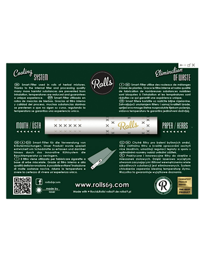 Rückseite der Rolls Smart Filter Verpackung – grüne Version mit Beschreibung, Anwendungshinweisen und Produktinfos