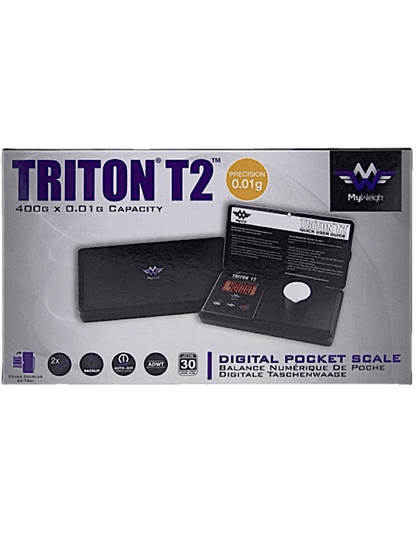 Verpackung der Triton T2 Waage von My Weigh – kompakte Box mit Produktabbildung und technischen Details