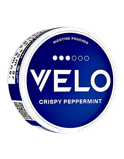 Seitenansicht der VELO Crispy Peppermint Snusdose – Nikotinbeutel mit frischem Pfefferminzaroma