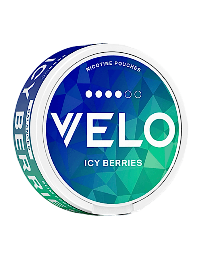 Seitenansicht der VELO Icy Berries Snusdose – Nikotinbeutel mit fruchtigem Beerenaroma und kühler Note