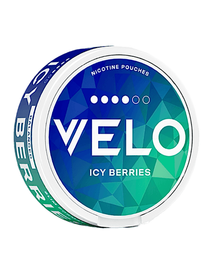Seitenansicht der VELO Icy Berries Snusdose – Nikotinbeutel mit fruchtigem Beerenaroma und kühler Note